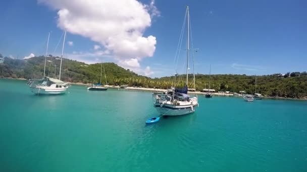 Naderen Huwelijksreis Strand Caribbean Zeilschip Verankerd Nabij Tropisch Caribisch Eiland — Stockvideo