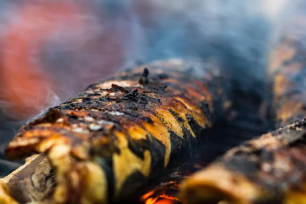 Poisson Grillé Sur Barbecue Charbon Bois Barbecue Poisson Frais — Photo