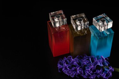 Siyah arkaplanda izole edilmiş renkli parfüm şişeleri.
