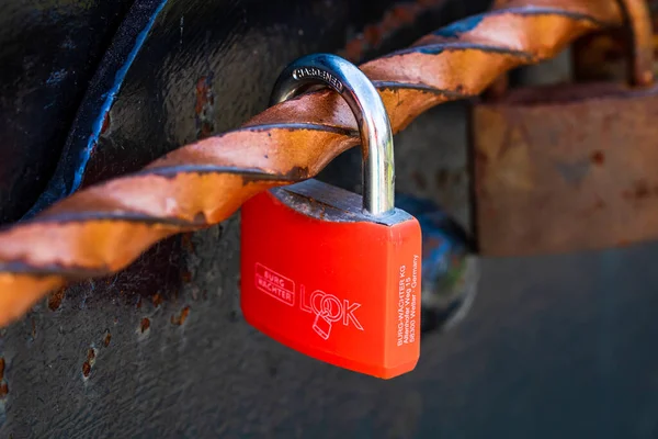 Love Symbol Old Rusty Padlocks Hanging Wooden Fortress Bridge Alba — Stock Photo, Image