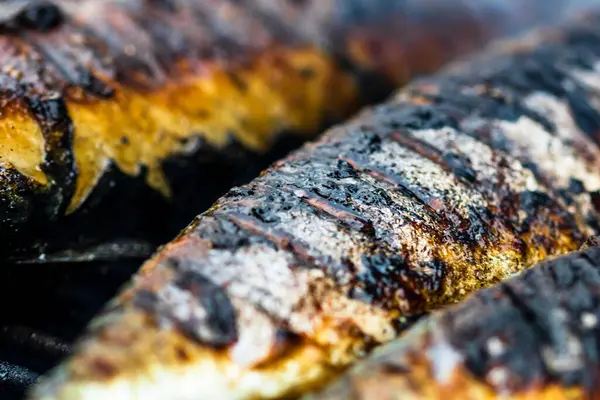 在炭烤架上烤鱼 新鲜鱼肉烧烤 — 图库照片