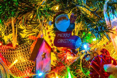 Noel ağacında Noel ışıklarıyla süslenmiş.