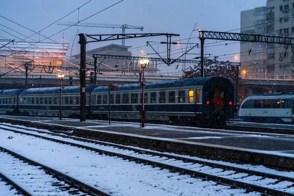 Detalle Invierno Vista Tren Tren Plataforma Bucarest North Railway Station — Foto de Stock