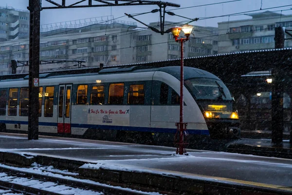 Kış Treni Manzarası Bükreş Romanya Daki Kuzey Demiryolu Stasyonu Gara — Stok fotoğraf