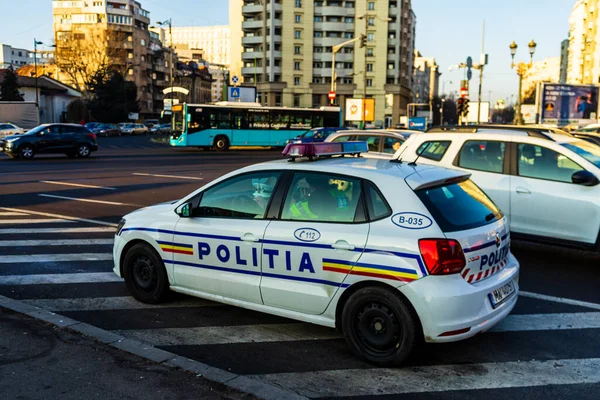 Romanian Police Politia Rutiera Car Patrolling Downtown Bucharest Romania 2021 — Stock Photo, Image