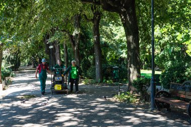 Parkın ve bahçelerin bakımı. Romanya 'nın Bükreş kentindeki Cismigiu Bahçelerini temizleyen belediye çalışanları, 2021
