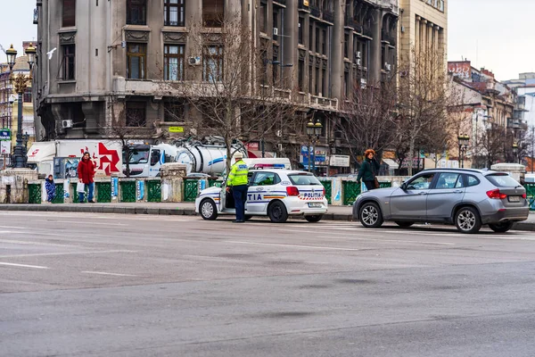 Румынская Полиция Politia Rutiera Патрулирует Автомобиль Центре Бухареста Румыния 2021 — стоковое фото