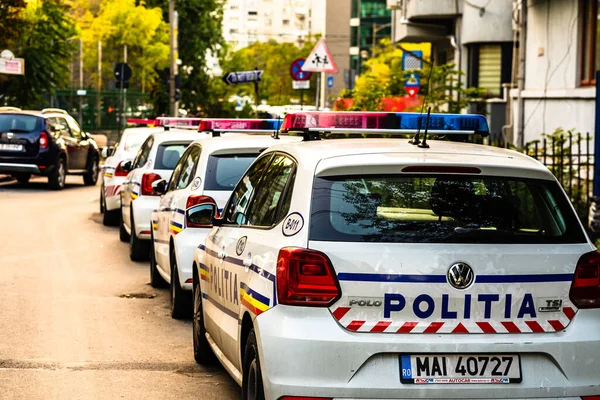 Policía Rumana Politia Rutiera Coche Aparcado Largo Calle Centro Bucarest — Foto de Stock