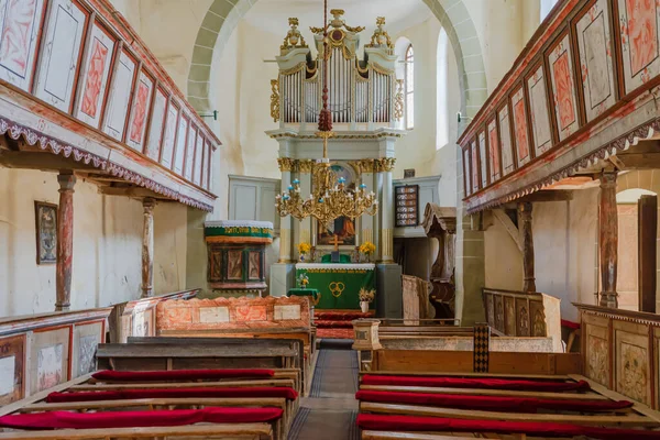 Vista Interior Igreja Ortodoxa Bancos Vazios Igreja Viscri Roménia 2021 — Fotografia de Stock