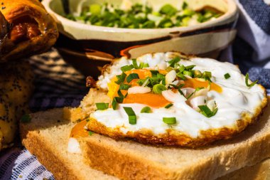 Çeşitli salata malzemeleri, domates sosu, lezzetli kızarmış yumurta ve sağlıklı kahvaltı için çiğ sebze.