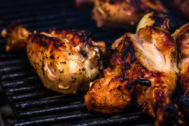 Biftek ızgara tavuk ve mangalda rulo köfte. Kamp manzarası, lezzetli barbekü, yemek konsepti, ızgaradaki yemek ve ızgaradaki yemeğin ayrıntıları.