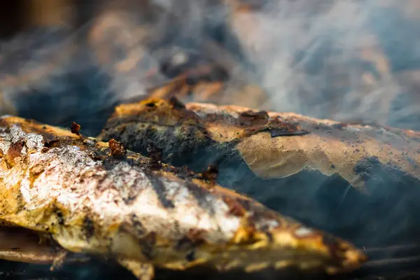 Gegrilde Vis Houtskoolgrill Barbecue Voor Verse Vis — Stockfoto