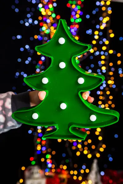 Holding Christmas Decoration Bokeh Lights Background — Stock Photo, Image