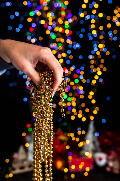 Holding Christmas Decoration Bokeh Lights Background — Stock Photo, Image