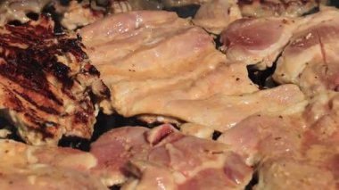 Alevler ve duman yükselirken kızgın ızgarada cızırdayan et. Mükemmel ızgara izleri olan sulu biftekler, açık hava barbekü pişirmenin sıcaklığını ve lezzetini yakalar.