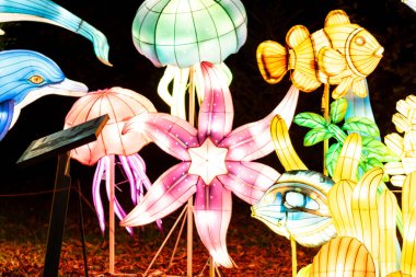 Romanya 'nın Bükreş kentindeki Garden of Lights' ta küçük dünya sanatını aydınlattı. Aydınlatılmış sanat kurulumu ve gece lambası festivali