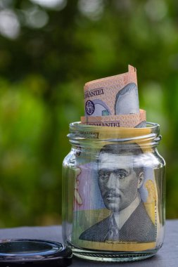 Romen LEI banknotu cam kavanozda para biriktiriyor. Tüketim ve ekonomi. İş, bahşiş, finans, tasarruf, bankacılık ve insan kavramı
