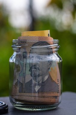 Romen LEI banknotu cam kavanozda para biriktiriyor. Tüketim ve ekonomi. İş, bahşiş, finans, tasarruf, bankacılık ve insan kavramı