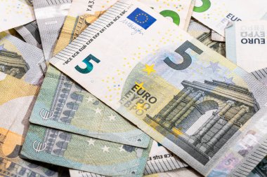 5 Avro banknotları. Tasarruf, gelir veya yatırımı temsil eden Avro para arkaplanı