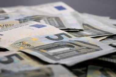 5 Avro banknotları. Tasarruf, gelir veya yatırımı temsil eden Avro para arkaplanı