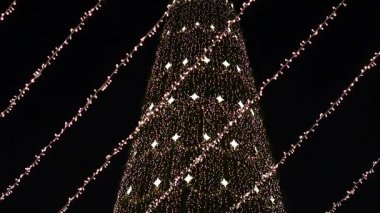 Gece Bükreş Noel pazarında süslü ağaçlar, renkli dönme dolaplar ve tatil pazarının tadını çıkaran insanlar