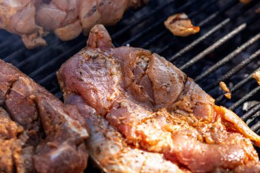 Domuz pirzolası, biftek, ızgarada sosis dumanlı ızgara