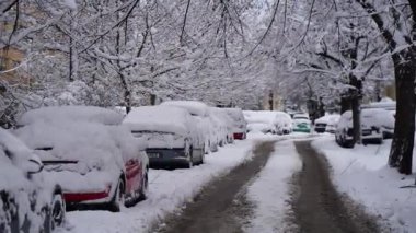 Bükreş 'te kar fırtınası ve yoğun kar yağışı var. Trafikte arabalar ve insanlar karlı yollarda yürüyor.