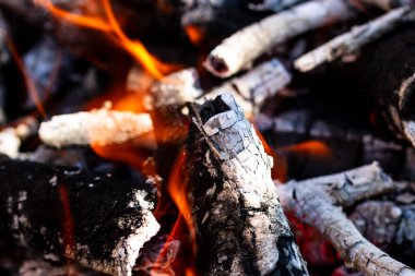 Barbekü ızgarası, yanan odun ve ateş alevleri. Parlak alevli boş kömür ızgarası.