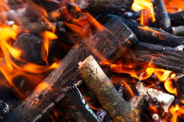 Barbekü ızgarası, yanan odun ve ateş alevleri. Parlak alevli boş kömür ızgarası.