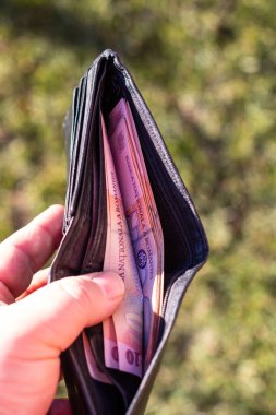 Romen LEI banknotlarıyla el ele tutuşan adamın elinde kağıt doku ve Rumen LEI para birimi sembolleri görülüyor