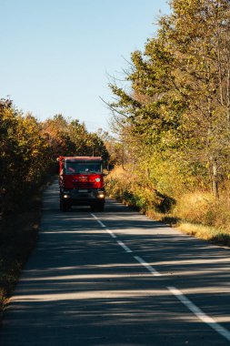 Boş bir asfalt yolda giden araba altın sonbahar manzaralı bir ormanın içinden geçiyor.