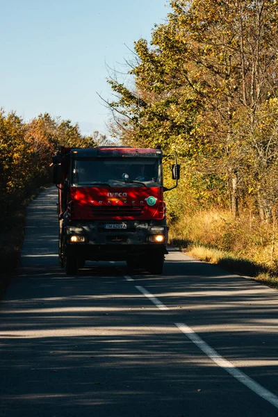 Boş bir asfalt yolda giden araba altın sonbahar manzaralı bir ormanın içinden geçiyor.