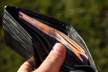 Romen LEI banknotlarıyla el ele tutuşan adamın elinde kağıt doku ve Rumen LEI para birimi sembolleri görülüyor