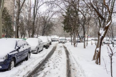Bükreş 'teki yerleşim yeri Romanya' da şiddetli bir kar fırtınası sonrasında park halindeki araçlar derin karla kaplandı