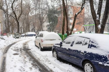 Bükreş 'teki yerleşim yeri Romanya' da şiddetli bir kar fırtınası sonrasında park halindeki araçlar derin karla kaplandı