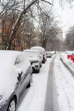 Bükreş 'teki yerleşim yeri Romanya' da şiddetli bir kar fırtınası sonrasında park halindeki araçlar derin karla kaplandı