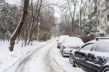 Bükreş 'teki yerleşim yeri Romanya' da şiddetli bir kar fırtınası sonrasında park halindeki araçlar derin karla kaplandı
