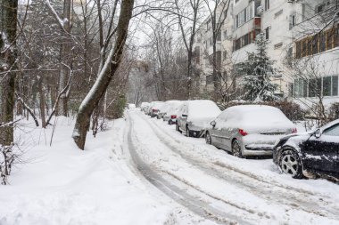 Bükreş 'teki yerleşim yeri Romanya' da şiddetli bir kar fırtınası sonrasında park halindeki araçlar derin karla kaplandı