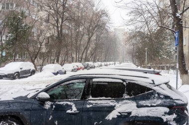 Bükreş 'teki yerleşim yeri Romanya' da şiddetli bir kar fırtınası sonrasında park halindeki araçlar derin karla kaplandı