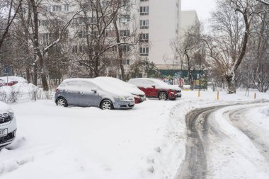 Bükreş 'teki yerleşim yeri Romanya' da şiddetli bir kar fırtınası sonrasında park halindeki araçlar derin karla kaplandı