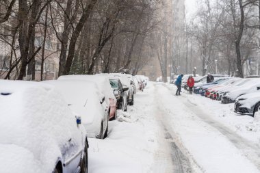 Bükreş 'teki yerleşim yeri Romanya' da şiddetli bir kar fırtınası sonrasında park halindeki araçlar derin karla kaplandı