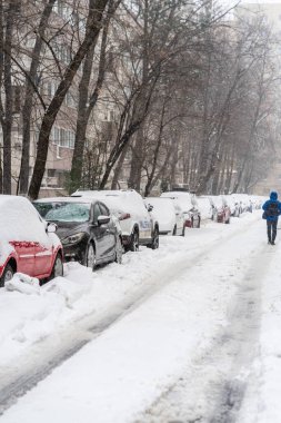 Bükreş 'teki yerleşim yeri Romanya' da şiddetli bir kar fırtınası sonrasında park halindeki araçlar derin karla kaplandı