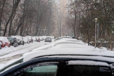 Bükreş 'teki yerleşim yeri Romanya' da şiddetli bir kar fırtınası sonrasında park halindeki araçlar derin karla kaplandı