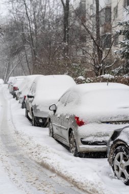 Bükreş 'teki yerleşim yeri Romanya' da şiddetli bir kar fırtınası sonrasında park halindeki araçlar derin karla kaplandı