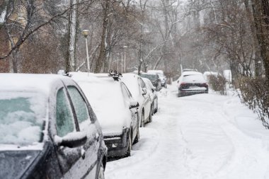 Bükreş 'teki yerleşim yeri Romanya' da şiddetli bir kar fırtınası sonrasında park halindeki araçlar derin karla kaplandı