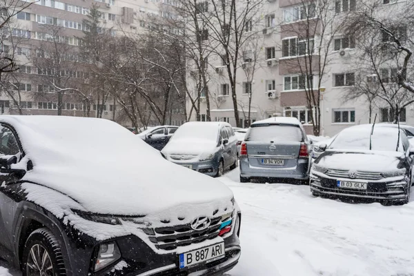 Bükreş 'teki yerleşim yeri Romanya' da şiddetli bir kar fırtınası sonrasında park halindeki araçlar derin karla kaplandı