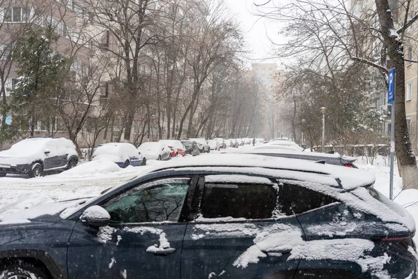 Bükreş 'teki yerleşim yeri Romanya' da şiddetli bir kar fırtınası sonrasında park halindeki araçlar derin karla kaplandı