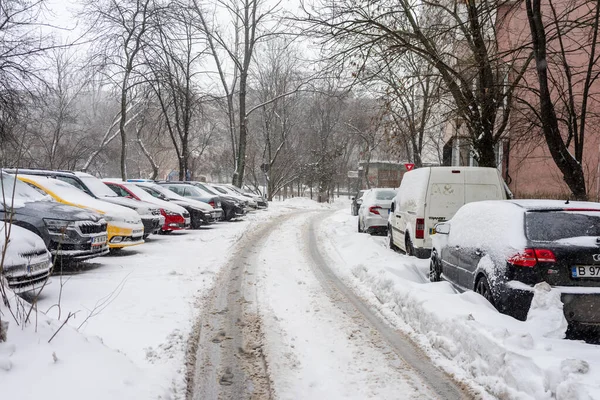 Bükreş 'teki yerleşim yeri Romanya' da şiddetli bir kar fırtınası sonrasında park halindeki araçlar derin karla kaplandı