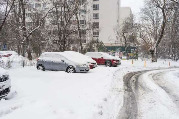 Bükreş 'teki yerleşim yeri Romanya' da şiddetli bir kar fırtınası sonrasında park halindeki araçlar derin karla kaplandı