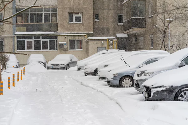 Bükreş 'teki yerleşim yeri Romanya' da şiddetli bir kar fırtınası sonrasında park halindeki araçlar derin karla kaplandı